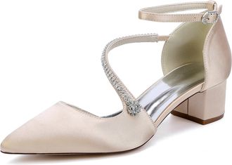Generic Bridal Shoes Womens Rhinestone Wedding Prom Pumps Satin Pointed Toe Ankle Strap Bridesmaid Chunky Heels Shoes4.5Cm,Champagne,10 UK