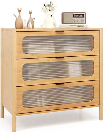 Costway Costway Cassettiera A 3 Cassetti In Bamb&ugrave; E Vetro Temperato, Cassettiera Salvaspazio Per Camera Da Letto, Credenza Per Soggiorno, Ingresso E Corridoio