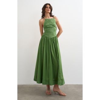 Topshop Embroidered Open Back Cotton Maxi Dress in Medium Green at Nordstrom, Size 14