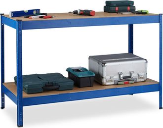 Relaxdays Relaxdays - Banco De Trabajo, 2 Niveles De Altura Ajustable, 90,5 X 141 X 61 Cm, Mesa Carpinter&iacute;a Para Taller, Acero, Azul
