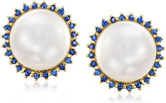 Ross-Simons 9-9.5mm Cultured Pearl and. Sapphire Earrings in 14kt Yellow Gold