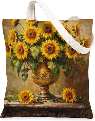 Generic Spring Farmhouse Sunflower Canvas Tote Bag for Shopping 13x15, Rustic Farm Floral Reusable Grocery Print Pattern Bag for Women, Country Flower Beach A