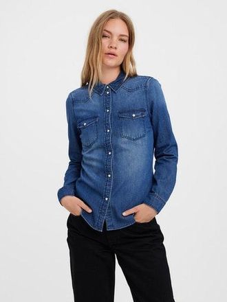 Vero Moda Jeansbluse VERO MODA VMMARIA LS DENIM SLIM SHIRT MIX NEW, Damen, Gr. XL, medium blau denim, Denim/Jeans, Obermaterial: 100% Baumwolle, figurumspielend