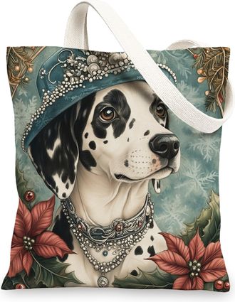 Generic Vintage Christmas Dalmatian Dog Canvas Tote Bag for Shopping 13x15, Retro Xmas Puppy Reusable Grocery Print Pattern Bag for Women, Pet Beach Aesthetic