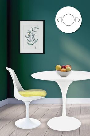 Fusion Living Tulip Set - White Medium Circular Table & Two Chairs with Luxurious Cushion in Yellow