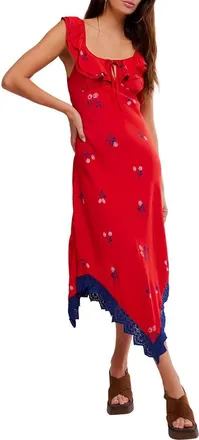 Free People Flock Together Floral Handkerchief Hem Midi Dress in Cherry Combo at Nordstrom, Size X-Small