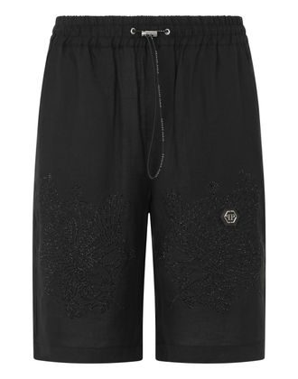 Philipp Plein Embroidered Linen Bowling Shorts Tattoo Strass