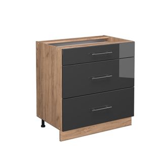 Vicco Mueble Bajo De Cocina Fame-line, Antracita Alto Brillo, 80 Cm Con 3 Cajones, Sin Encimera