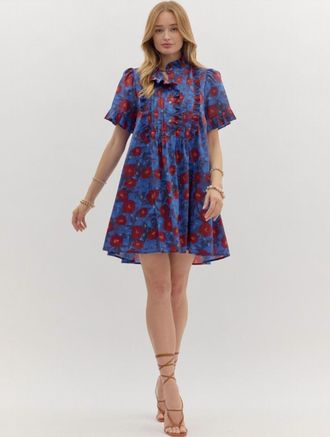 Entro Crimson And Cobalt Floral Pintuck Mini Dress In Blue Multi