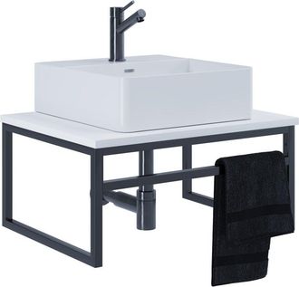 VCM 2 pz Lavabo Bagno Mobili Set Lavello In Legno Stile Industriale Bitila 60 (Nero / Bianco)