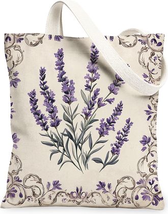 Generic Spring Aesthetic Lavender Canvas Tote Bag for Shopping 13x15, Vintage Retro Floral Reusable Grocery Print Bag for Women Men, Abstract Flower Aesthetic