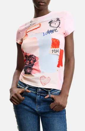 Desigual Stretch Cotton Graphic T-Shirt in Pink at Nordstrom, Size X-Large