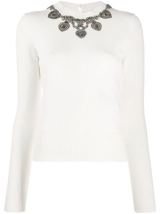 Alexander McQueen crystal-embellished crew neck jumper - women - Silk/Cashmere/Metallic Fibre/glass - M - Neutrals