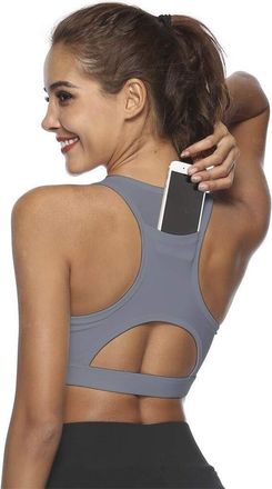 Generic Womens Sports Bra Tank Top with Back Built-in Phone Pocket Padded Wireless Running Yoga Workout Activewear for Women (Grey, S)