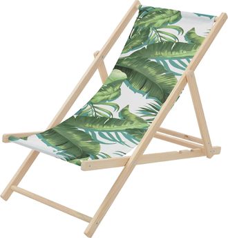 ECD Germany Ecd Germany Silla De Playa De Madera Con Dise&ntilde;o Tropical Verde-blanca Tumbona Plegable Con Respaldo Ajustable En 3 Posiciones De Reclinaci&oacute;n Asiento D