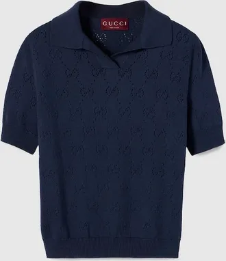 Gucci GG Pointelle Cotton Silk Polo Shirt, Blue, Ready-to-wear