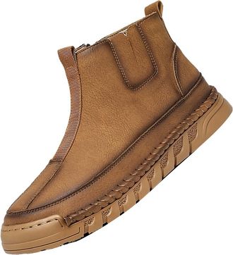 Generic Mens Leather Slip On Boots, Fur Lined Casual Leather Boot High Top Warm Walking Shoes Lightweight Hand Stiching Shoe Soft Bottom Comfy Ankle Footwear 