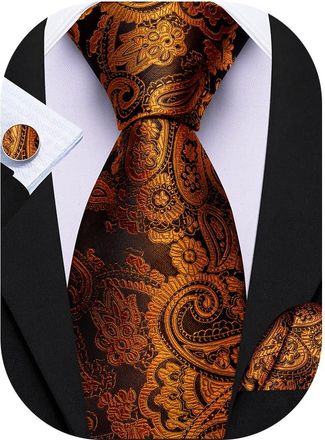 Barry.Wang Copper Gold Paisley Tie Mens Silk Necktie Pocket Square Cufflinks Set Formal Wedding Party