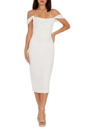Dress The Population Vickie Off the Shoulder Midi Corset Dress in White at Nordstrom, Size Xx-Large