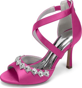 Generic Womens Rhinestone Satin Bridal Stiletto Sandals Dress Wedding Heel Formal Evening Shoes 9.5Cm,Fuchsia,10 UK