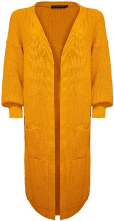 Parisian New Ladies Women Oversized Knitted Dress Balloon Sleeve Edge to Edge Long Line Boyfriend Open Front Cardigan Two Pockets[Mustard