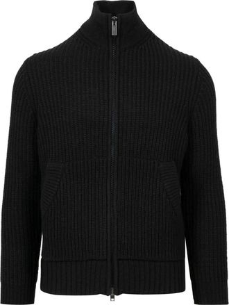 Paolo Pecora Zwarte Wollen Cardigan met Ritssluiting - Heren - Vesten met rits - Zwart - XL - Wol - Hoodies & sweatvesten
