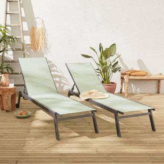 Sweeek Set Of 2 Multi-position Aluminium Sun Loungers With Wheels in Dark Grey