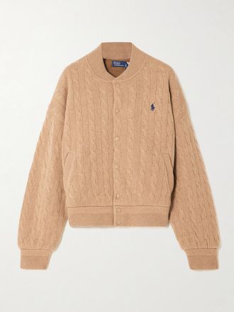 Polo Ralph Lauren Bomber In Misto Lana E Cashmere A Trecce Con Logo Ricamato - Marrone