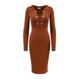 Elisabetta Franchi Midi Gebreide Jurk - Dames - Kleedjes - Bruin - XL - Polyester - Kleedjes