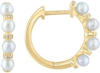 Effy 14K Yellow Gold 3mm Freshwater Pearl & Diamond Huggie Hoop Earrings - 0.06ct. in White at Nordstrom Rack