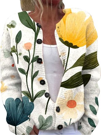 Generic Womens Autumn Winter Sweaters Open Front Knit Casual Loose Button Down Long Sleeve Coat Fall Cute Print Cardigan Sweater