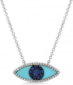 Allurez Turquoise & Blue Sapphire & Diamond Evil Eye Pendant Necklace 14k White Gold (0.74ct)