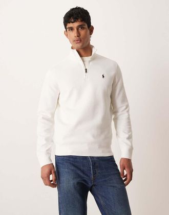 Polo Ralph Lauren Felpa in maglia doppia di jersey bianca con zip corta e logo-Bianco