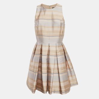A|X Armani Exchange Beige Stripe Crepe Pleated Mini Dress