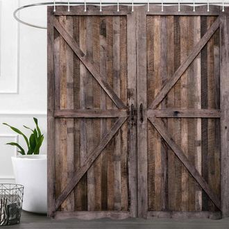 OEM Cortina De Ducha R&uacute;stica De Madera Con Dise&ntilde;o De Puerta De Granero, Cortina De Ducha Vintage De Poli&eacute;ster Impermeable Estilo Granja, 72x72 Pulgadas, C