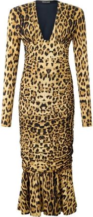 Roberto Cavalli Midi Jurk met Jaguarprint - Dames - Casual kleedjes - Bruin - L - Kleedjes