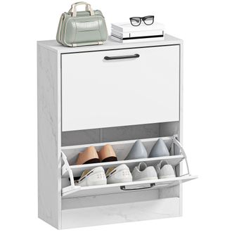 OEM Zapatero Estrecho 2 Puertas De Alto Brillo Estantes Ajustables Dise&ntilde;o M&aacute;rmol Para 8 Pares De Zapatos 60x24x80 Cm Blanco