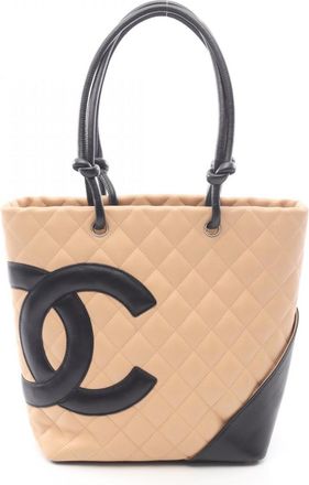 Chanel Beige Black Leather Patent Leather Handbag Tote Bag (Pre-Owned)