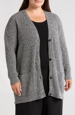 Eileen Fisher V-Neck Cotton Blend Cardigan in Black/Ivory at Nordstrom Rack, Size 1X