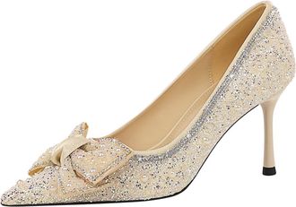 Generic High Heels for Women Diamante Stiletto Heel 8CM Pointed Toe Sparkling Sequin Beads Bow Wedding Evening Party-Numeric_4_Point_5 Beige