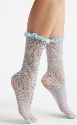 High Heel Jungle Mimi Satin Ruffle Lace Crew Socks in Blue at Nordstrom