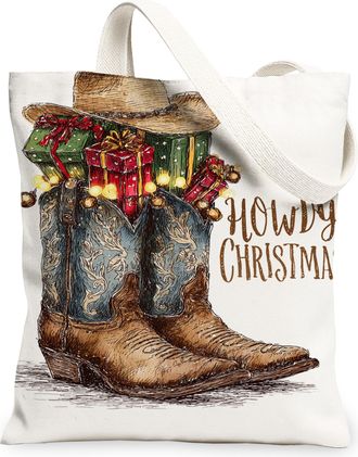 Generic Christmas Rustic Canvas Tote Bags, Cowboy Boots Holiday Design, Reusable Lightweight Washable Shoulder Strap Bags for Trave, White, 13x15 Inch