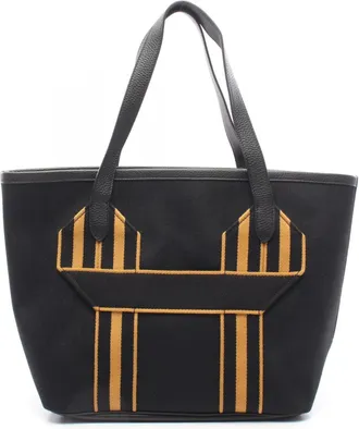 Herm&egrave;s Black Brown Canvas Taurillon Clemence Leather Handbag Tote Bag (Pre-Owned)