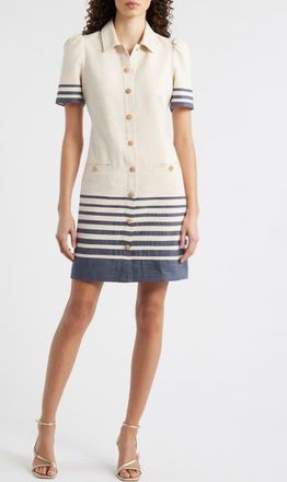 Eliza J Stripe Trim Snap Front Shirtdress in Ivory Navy at Nordstrom, Size 16
