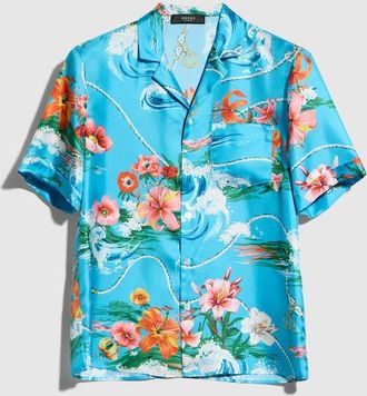 Gucci Printed Silk Twill Bowling Shirt, Size 42, Blue, Ready-to-wear