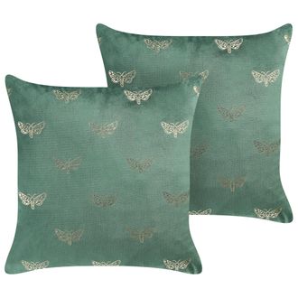 Beliani Conjunto De 2 Cojines De Terciopelo Verde Esmeralda Dorado 45 X 45 Cm Yuzuri