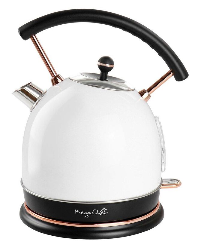 MegaChef 1.9 Quart Half Circle Electric Tea Kettle Thermostat in White