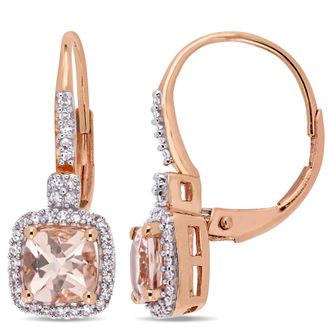 Mimi & Max Cushion-Cut Morganite and 1/5ct TW Diamond Halo Leverback Earrings in 10k Pink Gold