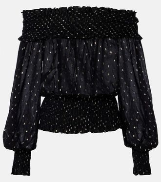 Self Portrait Shirred metallic-effect off-shoulder top