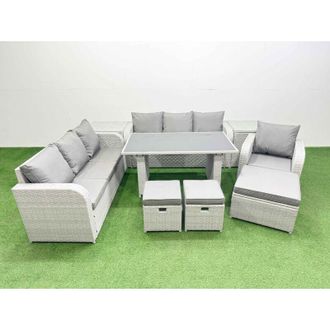 Fimous Rattan Garden Furniture Dining Set 10-seater Patio Rectangular Table Sofa Set with 2 Side Tables 3 Stools Light Grey - Fimous